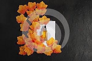 Cosmetics skin care with fall autumn orange leaves on the black background flat lay close-up top view