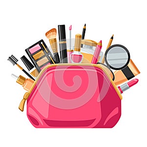 Cosmetics for skincare and makeup in bag. Background for catalog or advertising