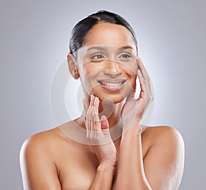 Cosmetics, smile and woman with skincare in studio for natural beauty, dermatology and self care. Female person, happy