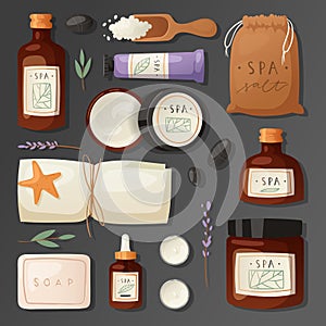 Cosmetics spa branding pack mockup natural body care bottle treatment hygiene product make-up vector illustration.