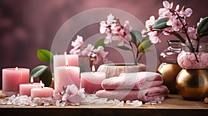 Cosmetics for spa treatments in pink colors: massage stones, candles, folded towels, plants