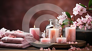 Cosmetics for spa treatments in pink colors: massage stones, candles, folded towels, plants and flowers