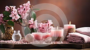 Cosmetics for spa treatments in pink colors: massage stones, candles, folded towels, plants and flowers on a wooden table.