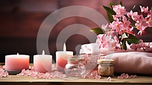 Cosmetics for spa treatments in pink colors: massage stones, sea salt, candles, folded towels, plants and flowers