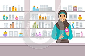 Cosmetics store arabic girl counter near shelves
