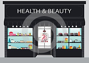 Cosmetics store building and interior with products on shelves.