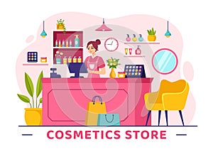 Cosmetics Store Vector Illustration with Girl Skincare, Cosmetic, Perfume, Makeup and Beauty Products Choice in in Flat Cartoon