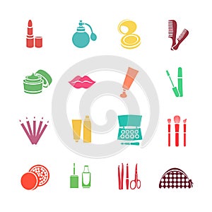 Cosmetics vector set flat web icons. Multicolored with cosmetic products