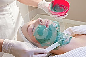 Cosmetologist applies a nourishing mask to a young woman in a spa salon.