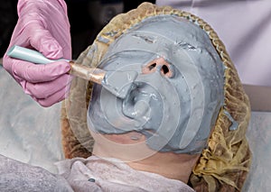 Cosmetologist applying facial mask to problem skin. young woman having face cleaning procedure