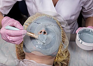 Cosmetologist applying facial mask to problem skin. young woman having face cleaning procedure