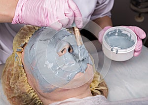 Cosmetologist applying facial mask to problem skin. young woman having face cleaning procedure