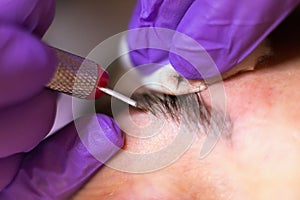 Cosmetologist applying permanent makeup on eyebrows