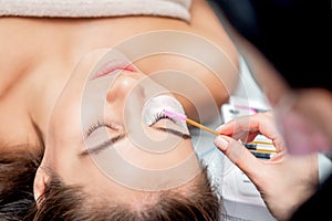 Cosmetologist hand making lengthening lashes photo