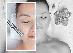 The cosmetologist makes the procedure Microdermabrasion of the face skin of a beautiful woman in a beauty salon.Cosmetology and