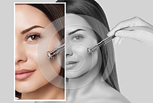 The cosmetologist makes the procedure Microdermabrasion of the facial skin of a beautiful, young woman in a beauty salon.
