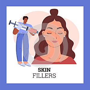 Cosmetology anti-aging facial skin care, woman getting procedure of beauty syringe injection, Skin fillers vector poster