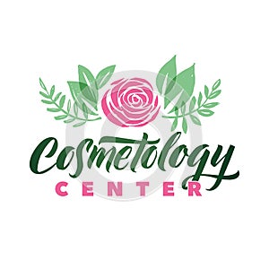 Cosmetology Center Vector Logo. Stroke Pink Rose Flower Illustration. Brand Lettering