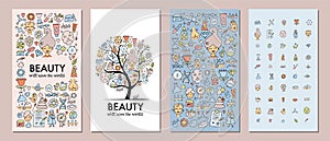 Cosmetology health and Skin care. Banners collection for your design - frame, tree, patterns and icons