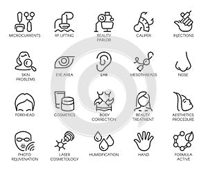 Cosmetology line icons set. 20 outline logos isolated. Beauty therapy, bodycare, healthcare, wellness treatment symbols