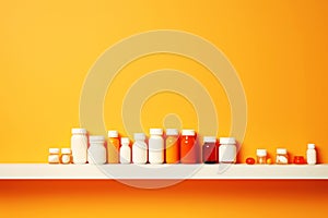 Cosmetology or medicine bottles on yellow background. Cosmetic and pharmaceutical products on a yellow background