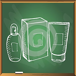 Cosmetology set bottles on chackboard.