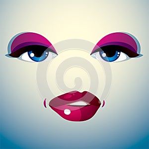 Cosmetology theme image. Young pretty lady. Human eyes and lips