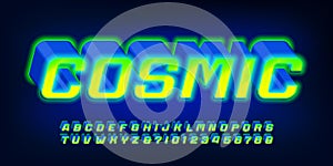 Cosmic alphabet font. 3D neon letters and numbers.