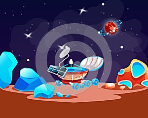 Cosmic background with moonwalker in space, moon rover at alien planet with mountains and stones