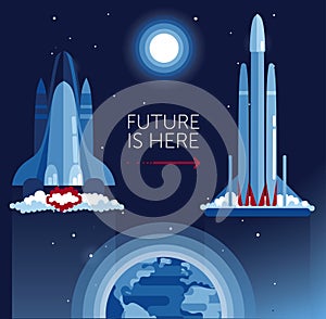 Cosmic banner for space tranport evolution with space shuttle and falcon heavy photo