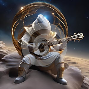 A cosmic bard, a being of pure soundwaves and light, playing a celestial symphony on an asteroid stage2