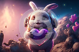 Cosmic bunny holding a big heart. Adorable rabbit astronaut with a heart in space. Romantic valentines illustration. Love poster