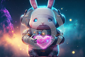 Cosmic bunny holding a big heart. Adorable rabbit astronaut with a heart in space. Romantic valentines illustration. Love poster