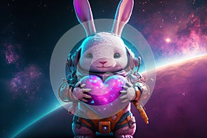 Cosmic bunny holding a big heart. Adorable rabbit astronaut with a heart in space. Romantic valentines illustration. Love poster