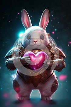 Cosmic bunny holding a big heart. Adorable rabbit astronaut with a heart in space. Romantic valentines illustration. Love poster