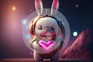 Cosmic bunny holding a big heart. Adorable rabbit astronaut with a heart in space. Romantic valentines illustration. Love poster