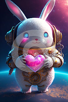 Cosmic bunny holding a big heart. Adorable rabbit astronaut with a heart in space. Romantic valentines illustration. Love poster