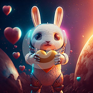 Cosmic bunny holding a big heart. Adorable rabbit astronaut with a heart in space. Romantic valentines illustration. Love poster