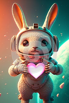 Cosmic bunny holding a big heart. Adorable rabbit astronaut with a heart in space. Romantic valentines illustration. Love poster