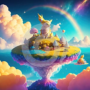 Cosmic Canine: AI-Generated Yellow Dog on an Island in a Galaxy Rainbow Cloud