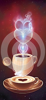 Cosmic coffee cups java love with intricate steam in the shape of a heart