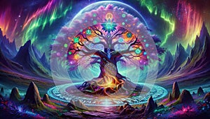 Cosmic Colorful Yggdrasil Tree of Life in Norse Mythology. World Tree Of Vikings. Generative AI photo