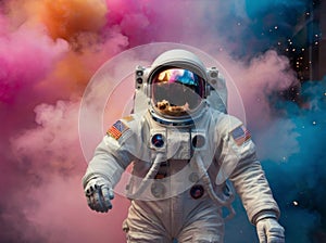 Cosmic Colors: Astronaut Amidst Vibrant Smoke