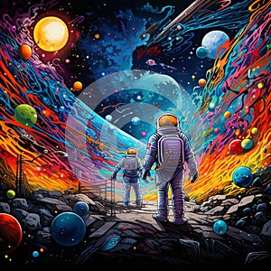 The Cosmic Connection: A mural depicting outer space exploration intertwined with human connection and curiosity