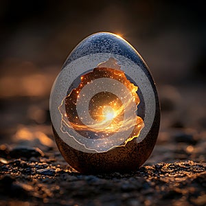 Cosmic Egg with Glowing Galaxy Interior