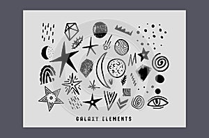 Cosmic elements set. Space doodle objects, stars, planets, coments, abstract elements