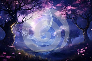 Cosmic Energy: A Serene Nighttime Galaxy Illuminated by a Gentle Moon photo