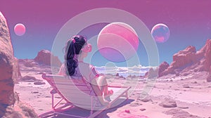 Cosmic escapism. Fantasy scene in pink colors. A woman watches the cosmic sky