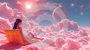 Cosmic escapism. Fantasy scene in pink colors. A woman watches the cosmic sky