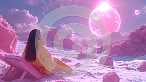 Cosmic escapism. Fantasy scene in pink colors. A woman watches the cosmic sky